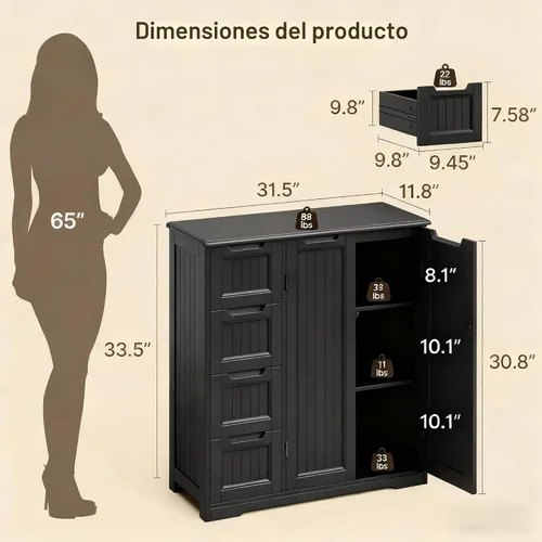 Vista 3 de Gizoon Gabinete de piso de baño de madera, gabinete organizador de Negro