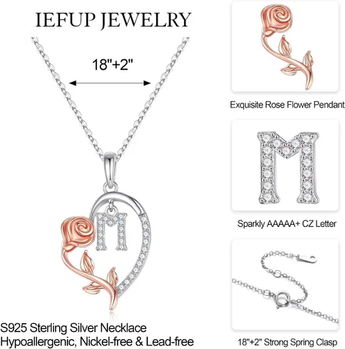 Vista 5 de Collar con inicial de corazón de rosa para mujer, delicado collar de letras de corazón de plata esterlina S925, collar de letras de corazón de rosa