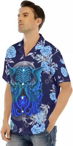 Vista 4 de FoxWears Cthulhu - Camisa hawaiana, camisas hawaianas grandes y altas para hombres, camisa con botones con estampado de animales, regalos