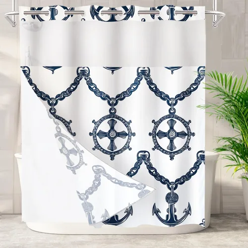 Vista 58 de Batmerry Maritime Nautical Hookless Shower Curtain with Snap in Liner Set, Anchors Ship Wheel Bath Curtain Magnetic Hem Quick-Drying Waterproof