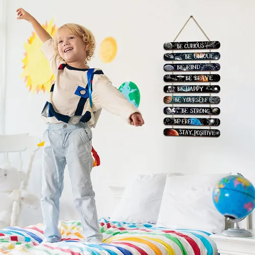 Vista 5 de Yalikop Placa para colgar en la pared del sistema solar con temática espacial para dormitorio, con citas