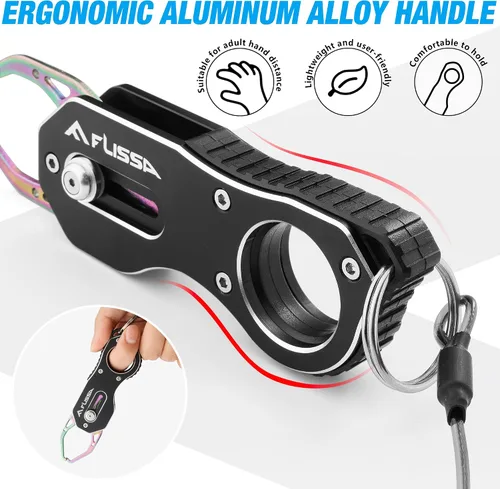 Vista 5 de FLISSA Fish Gripper, Fish Lip Grip Tool with Carabiner and Spring Anti-Lost Rope, Durable Stainless Steel Fish Grabber Gripper, Lightweight Holder