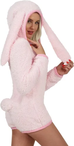 Vista 3 de Giggling Getup Disfraz de pijama de conejo para adulto, acogedor disfraz de conejo rosa, mameluco con capucha de sherpa, overol corto