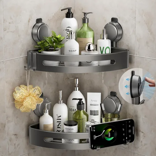 Vista 12 de Organizador de ducha esquinero, con ventosa y ganchos, organizador de baño de aluminio inoxidable sin perforaciones, estantes para decoración