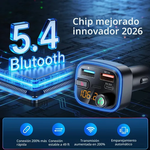 Vista 4 de Adaptador Bluetooth 5.4 de carga USB Bluetooth para automóvil, radio transmisor FM inalámbrico, llamadas manos libres y receptor de audio (azul-48W)