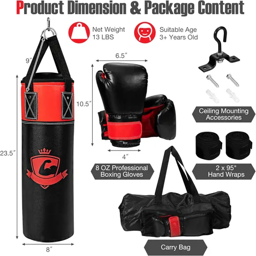 Vista 7 de GYMAX Saco de boxeo para niños, saco de boxeo prellenado con guantes de boxeo, envolturas de mano y bolsa de transporte, saco de boxeo pesado