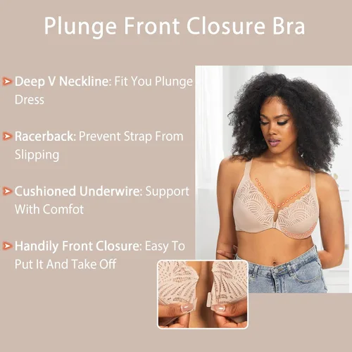 Vista 2 de HACI Brasier con cierre frontal para mujer, sin forro, espalda en T, talla grande, encaje, sin relleno, cobertura completa, espalda cruzada