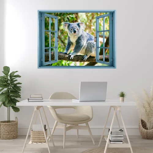 Vista 4 de wall26 Adhesivo de pared removible/mural de pared, vista de ventana, koala gris australiano en bosque, árboles, animales, naturaleza, fotografía