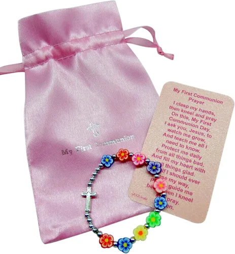Vista 4 de Westmon Works Pulsera de flores de primera comunión para niñas con tarjeta santa católica elástica muñeca con bolsa de transporte con cordón, Sin