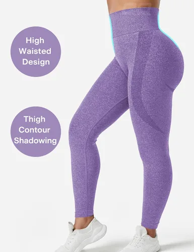 Vista 4 de QOQ Leggings sin costuras para mujer, cintura alta, para gimnasio, correr, yoga, levantamiento de glúteos, mallas de entrenamiento con control