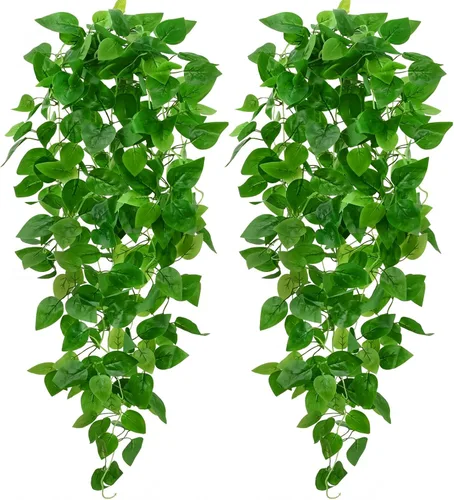 Vista 19 de BLEUM CADE Plantas colgantes falsas, 2pcs plantas colgantes artificiales en maceta, enredaderas de mandala falsas, plantas colgantes vegetación