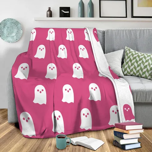 Vista 2 de Bonita manta de fantasma rosa de Halloween, decoración de habitación, manta estética para sofá cama, sofá, manta reversible de franela súper suave