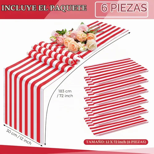 Vista 4 de Breling 6 caminos de mesa a rayas rojas y blancas, 12 x 72 pulgadas