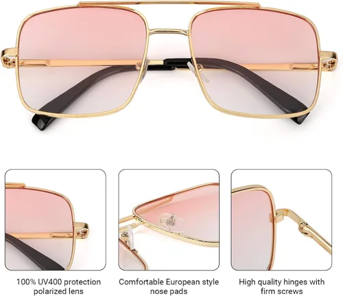 Vista 5 de TIJN Lentes de sol polarizados cuadrados para mujeres y hombres, tintados, de gran tamaño, protección UV400, lentes de sol con marco de metal