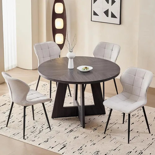 Vista 8 de Juego de mesa redonda de comedor de 47 pulgadas para 4, base en abanico, parte superior de 1.38 pulgadas de grosor, mesa de cocina de madera con 4