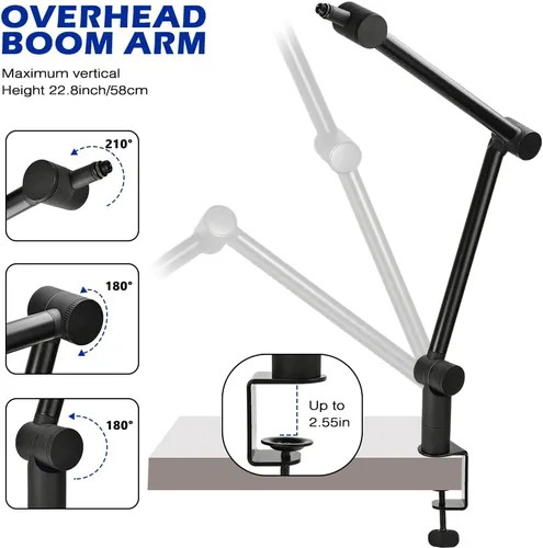 Vista 4 de BOMGE Soporte de micrófono con brazo de brazo – Soporte de brazo de tijera de suspensión ajustable resistente con canales de gestión de cables