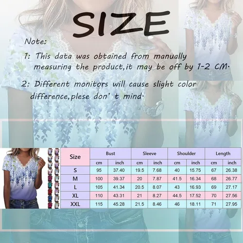 Vista 6 de Women Dry Fit Women Fashion Printing Shirts Lace V Neck Short Sleeve Tee Tops Tunic Blouse Yoga Tee