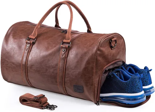 Vista 8 de Bolsa de viaje de cuero con bolsa para zapatos, bolsa impermeable para fin de semana, bolsa de lona de mano para hombres y mujeres, color negro