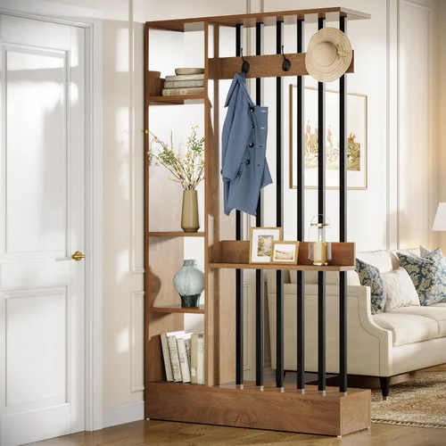 Vista 11 de Tribesigns Divisor de pared de habitación, estantería independiente de madera con estantes y ganchos para abrigos, 71 pulgadas, moderna partición