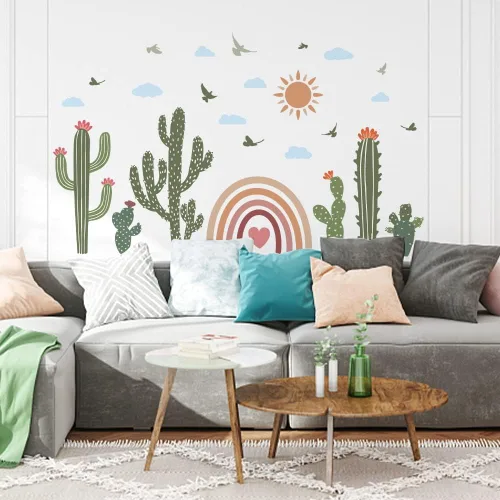 Vista 4 de SUPERDANT Calcomanías de pared de cactus bohemios, pájaros arcoíris, calcomanías de pared grandes, calcomanías de murales extraíbles para guardería