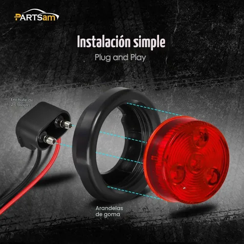 Vista 5 de Partsam Juego de 2 luces LED rojas para remolque redondo de 2 pulgadas con enchufe y ojales, marcador, montaje empotrado, luces LED redondas