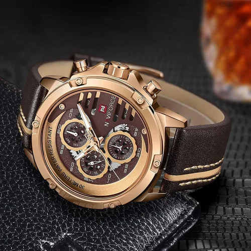 Vista 2 de NAVIFORCE Relojes deportivos militares para hombre, reloj impermeable analógico de cuarzo, correa de piel, fecha, calendario, reloj de pulsera