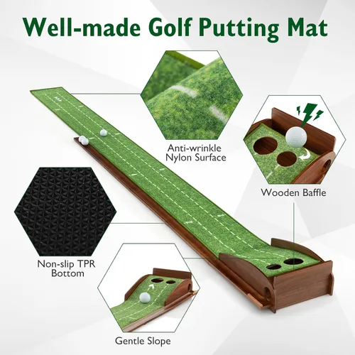 Vista 4 de Tangkula Alfombrilla de práctica de golf de 10 pies, 2/3 hoyos con retorno automático de bola para interiores y exteriores, guías de alineación y 3