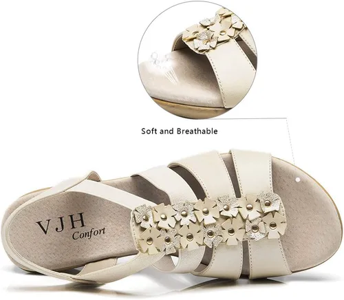 Vista 3 de VJH confort Sandalias de cuña para mujer, sandalias planas casuales con plataforma elástica de flores