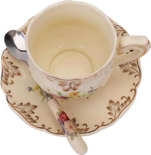 Vista 5 de Foraineam Juego de 2 tazas de té y platillo, 8 oz. Arbustos florecientes de cerámica marfil Taza de té de porcelana floral elegante juego de taza