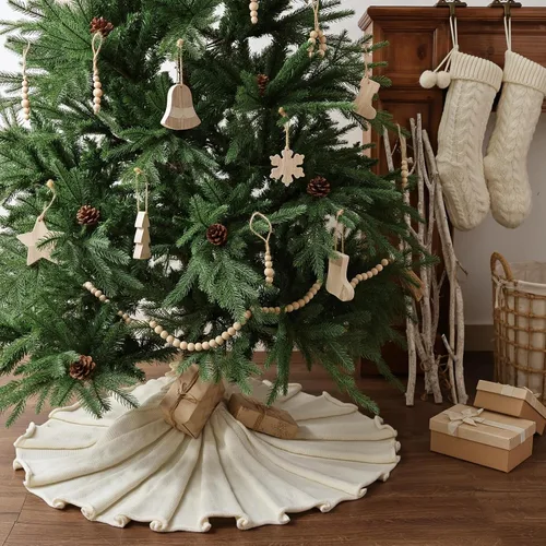 Vista 5 de Falda de árbol de Navidad de 36 pulgadas: falda de árbol de lápiz para árbol de 6 pies, diseño plisado, falda de árbol pequeño blanco crema, faldas