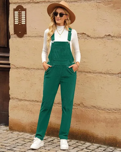 Vista 5 de LookBookstore Overol de pana para mujer con tirantes ajustables, enterito de moda con bolsillos para mujer Verde alpino