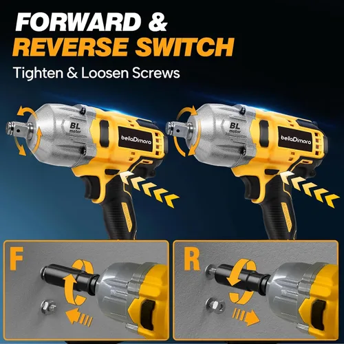 Vista 6 de Llave de impacto inalámbrica bellaDimora compatible con batería Dewalt de 20 V Brushless Motor, Auto-Stop Reverse, LED Light, 32-Piece Kit, Tire