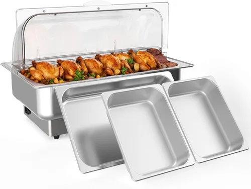 Vista 14 de GarveeHome Juego de bufé eléctrico de acero inoxidable con tapa enrollable con 1 sartén de 9 cuartos de galón, control de temperatura de 400 W