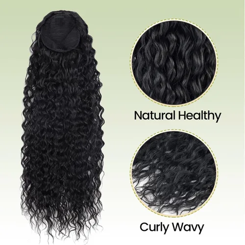 Vista 6 de Extensión de cabello rizado de 24 pulgadas, color negro, sintético, con clip instantáneo, con cordón, extensiones de cabello largo para cola de #1B