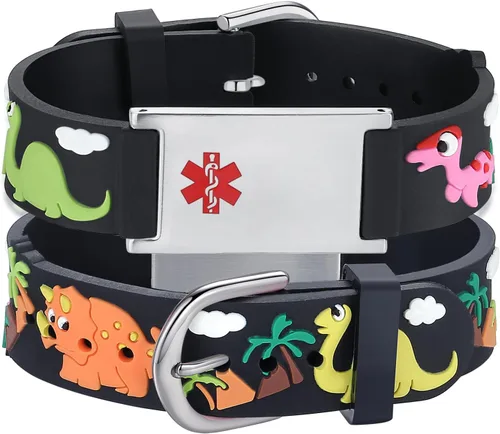 Vista 18 de LinnaLove Medical Alert ID Bracelet – Custom or Pre-Engraved, QR Code Available,Blue Dinosaur Band