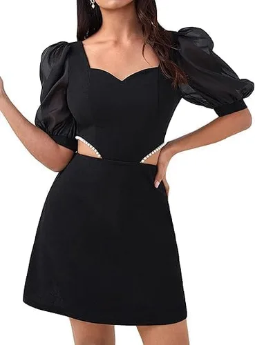 Vista 2 de WDIRARA Minivestido elegante con cuentas de perlas y cuello corazón recortado para mujer