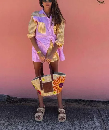 Vista 7 de SAFRISIOR - Conjunto deportivo de 2 piezas de estilo casual para mujer, camisa de manga larga a rayas y minipantalones cortos sueltos de talle alto