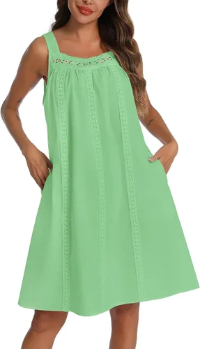 Vista 11 de YOZLY - Camisones de algodón sin mangas para mujer, camisón de tanque de noche con bolsillos A-Solid Blanco