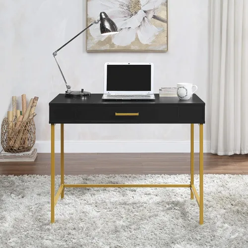 Vista 2 de OSP Home Furnishings Modern Life - Escritorio contemporáneo con cajón grande y patas de metal dorado, acabado negro