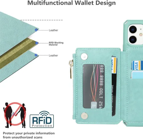 Vista 4 de iCoverCase Funda tipo cartera para iPhone 11 con soporte para tarjetas, bloqueo RFID, piel sintética de alta calidad, cierre magnético, a prueba