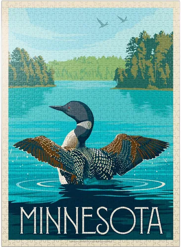 Vista 9 de MyPuzzle Minnesota: Loon, Póster vintage, rompecabezas prémium de 100 piezas para adultos