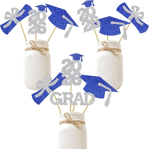 Vista 20 de Centro de mesa de graduación Decoración de mesa de centro de fiesta, palillos con purpurina, tapa de graduación para clase, fotomatón, favores, azul