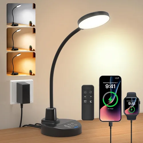 Vista 12 de Lámpara de escritorio LED de 15 W con puertos de carga USB, [botón y control remoto] Lámpara de mesa regulable con 3 modos de color, 5 niveles