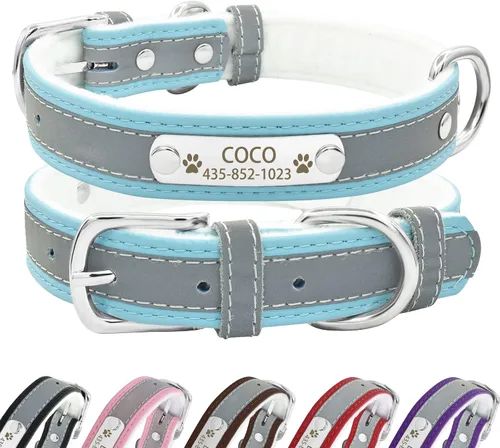 Vista 8 de Collar de perro de cuero reflectante personalizado con forro cálido, collar de perro personalizado con placa de nombre grabada para perros y gatos