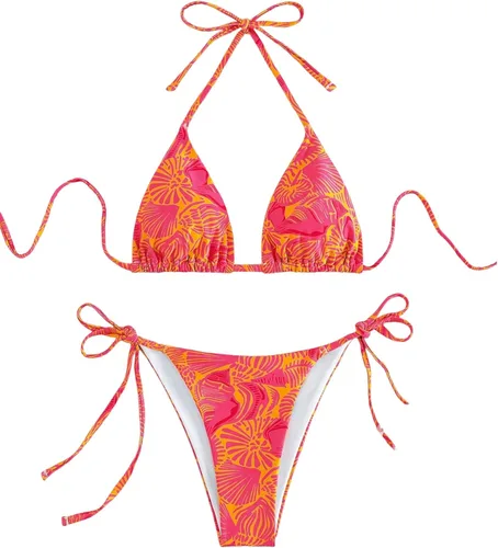 Vista 26 de ZAFUL Bikinis triangulares estampados para mujer, 2 piezas, bikini halter, traje de baño de corte alto, traje de baño con lazo lateral 0-negro a