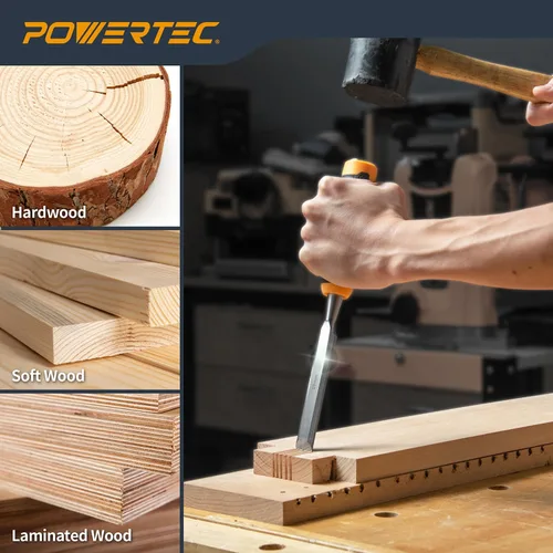 Vista 4 de Juego de cinceles de madera POWERTEC de 3 piezas - Cinceles de banco de borde biselado de 1", 3/4" y 1/2" con tapa de golpe, hojas de acero al cromo