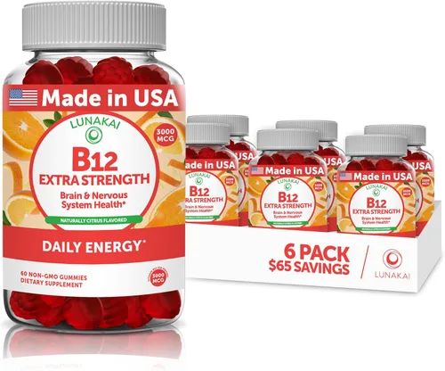 Vista 9 de Lunakai Gomitas de vitamina B12 extra fuertes de 3000 mcg, hechas en Estados Unidos, delicioso apoyo diario de energía y metabolismo, suplemento