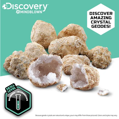 Vista 5 de Discovery Kit de geoda de cristal misterioso, 10 geodas de cuarzo real, incluye gafas, lupa y soportes de exhibición, juguete educativo de geología