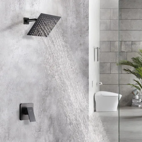Vista 2 de Conjunto de llave de regadera color negro mate, sistema de regadera de lluvia para baño con cabezal de regadera de metal de acero inoxidable, kit