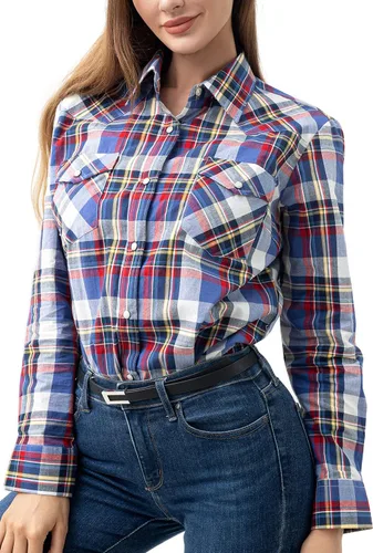 Vista 12 de PASHARTUK Camisas occidentales para mujer, camisas de manga larga de algodón para mujer con botones a presión, camisas a cuadros para mujer Beige